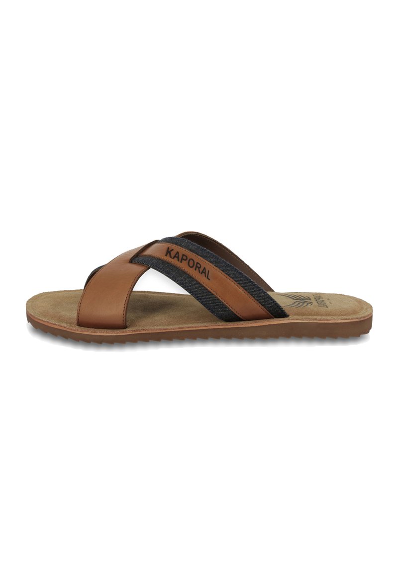 Sandales en cuir marron avec des sangles en textile noir, semelle plate et semelle texturée. Présente le logo Kaporal sur la sangle supérieure.