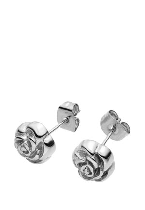 Silver stud earrings shaped like roses with butterfly backings on a white background.