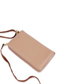 Light pink leather wallet with gold hardware, zip closure, and a detachable brown strap. Smooth texture with one notable logo embossed.