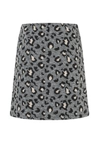 Grauer Rock mit einem Leopardenmuster in Schwarz und Beige. Aus strukturiertem Stoff, mit einem ausgestellten Schnitt und einer mittelhohen Taille.