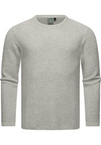 Hellgrauer Strickpullover mit langen Ärmeln, rundem Halsausschnitt und strukturierten Maschen. Mit gerippten Bündchen und Saum für Stabilität.