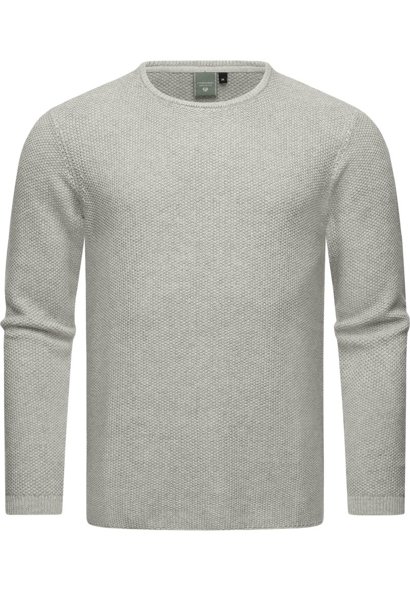 Hellgrauer Strickpullover mit langen Ärmeln, rundem Halsausschnitt und strukturierten Maschen. Mit gerippten Bündchen und Saum für Stabilität.