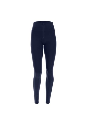 Tummansinisiä legginssejä, joissa on korkea vyötärö ja vetoketju. Sileä pinta, tiukka leikkaus ja kokopitkä muoto.