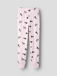 Ροζ παντελόνι πιτζάμας με επαναλαμβανόμενο μοτίβο από διάφορες εικονογραφήσεις αλόγων. Κατασκευασμένο από μαλακό ύφασμα με ελαστική ζώνη μέσης και εφαρμοστά μανσέτες.