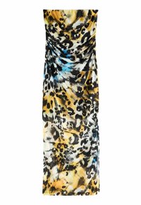 Leopardmuster-Kleid aus weichem, leichtem Stoff. Verfügt über Raffung, überwiegend gelb mit schwarzen und blauen Akzenten. Gerade Form.