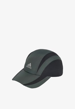 Cappellino sportivo Adidas grigio scuro e nero con visiera curva e logo sul pannello frontale, progettato per attività all'aperto.