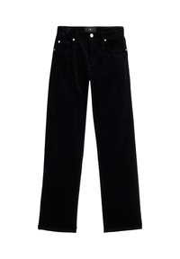 Czarne spodnie sztruksowe o prostych nogawkach, gładkiej fakturze, z pięcioma kieszeniami, metalowymi elementami ozdobnymi oraz średnim stanem.