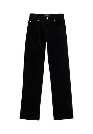 Zwarte corduroy broek met rechte pijpen, een gladde textuur, ontwerp met vijf zakken, metalen hardware accenten en een tailleband met een middenhoogte.