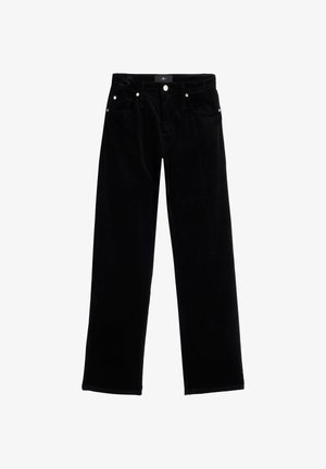 Black corduroy straight-leg trousers with a smooth texture, five-pocket design, metal hardware accents, and a mid-rise waistband.