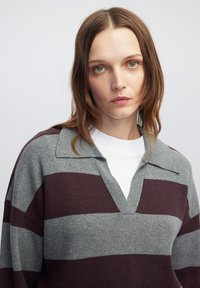 Gebreid pullover met een V-hals, met afwisselend grijze en bordeauxrode strepen. Zachte textuur, ontspannen pasvorm en een kraaghals.