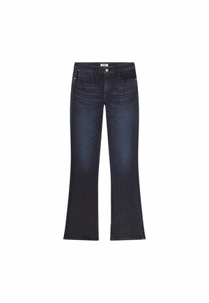 Jeans negri din denim cu evazare, cu închidere prin buton, design cu cinci buzunare și ușoară decolorare pe coapse. Detalii cusute de-a lungul cusăturilor.