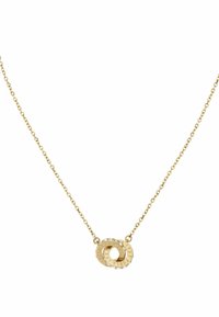 Goldenes Anhänger-Neclece mit ineinander greifenden kreisförmigen Ringen; ausgestattet mit gravierten Zahlen und einem zentralen Akzent aus kleinen klaren Steinen.