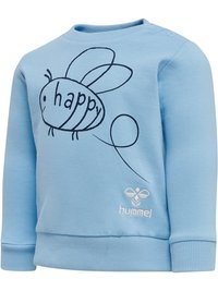 Ljusblå sweatshirt med ribbade muddar och halslinning. Har en svart bi-grafik med texten "happy" och ett broderat logotyp längst ner.