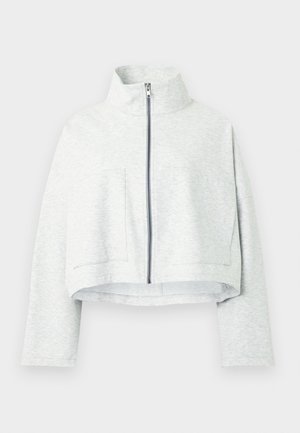 Světlounce šedá zipová mikina s krátkým střihem a vysokým límcem, vyrobená z měkké látky. Má přední kapsy a dlouhé rukávy.