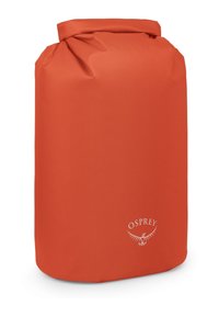 Borsa secca arancione realizzata in materiale resistente e testurizzato, con chiusura a rotolo e logo Osprey bianco nella parte inferiore.