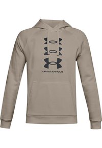 Felpa beige di Under Armour con tasca frontale, cappuccio regolabile con cordino e logo verticale nero con testo "UNDER ARMOUR" sul petto.
