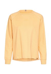 Lysgul sweatshirt lavet af blødt stof. Har en rund halsudskæring, lange raglanærmer og en let frynset kant. Minimal branding synlig.