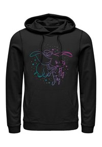 Black hoodie featuring a colorful graphic design of a flying elephant with stars and the text "Fly" in a playful font.