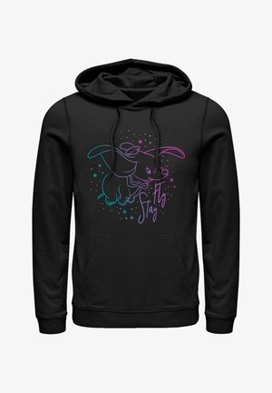 Sudadera negra con un diseño gráfico de un conejo de dibujos animados con acentos coloridos en turquesa y rosa, rodeado de estrellas y el texto "Fly Stay."