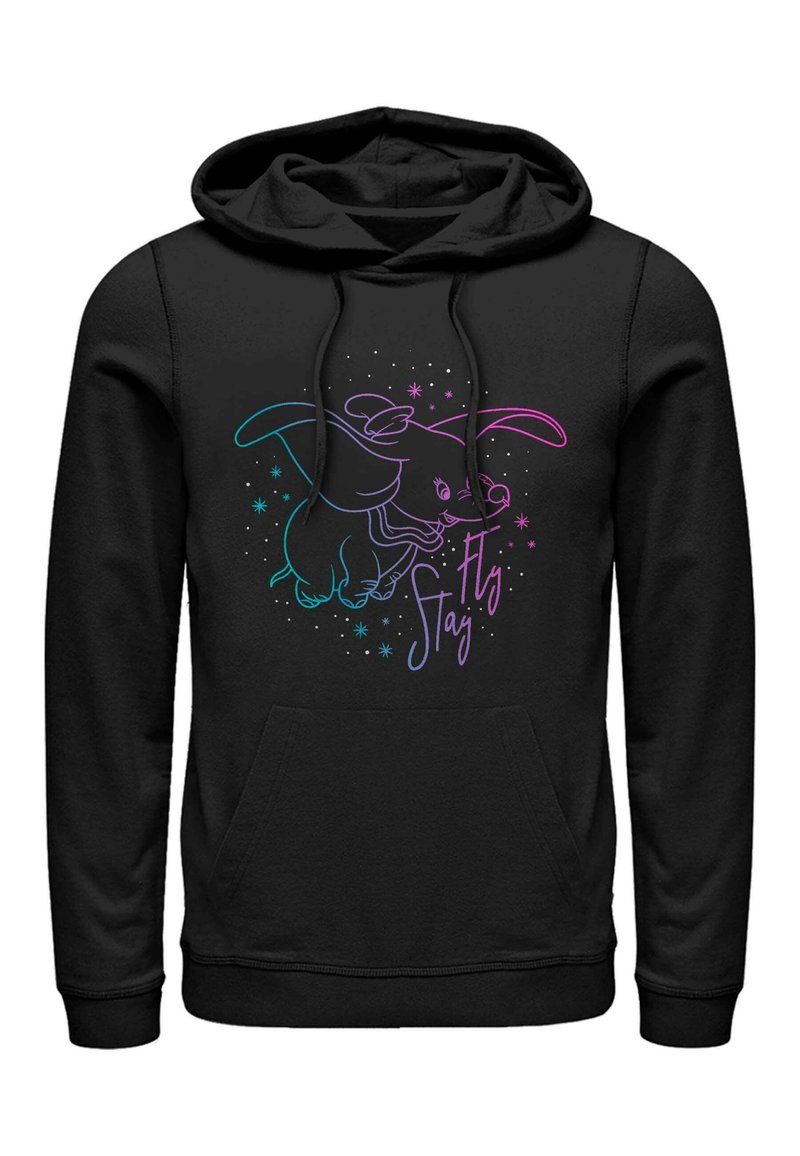 Black hoodie featuring a colorful graphic design of a flying elephant with stars and the text "Fly" in a playful font.