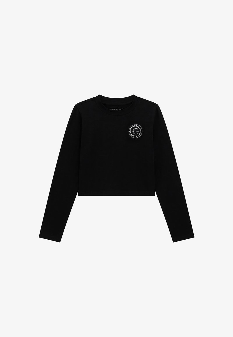 Fekete, rövidített, hosszú ujjú póló, amely pamutból készült, kerek nyakkal és kör alakú logóval a bal mellen. Sima textúra, minimális dizájn.