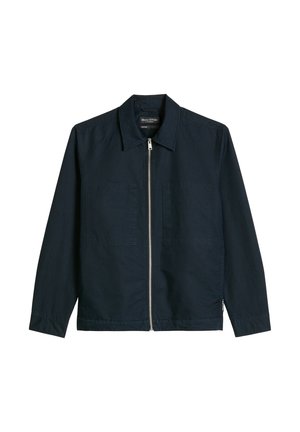 Veste bleu marine à manches longues avec col, fermeture éclair devant et deux poches plaquées sur la poitrine, présentée sur fond blanc.