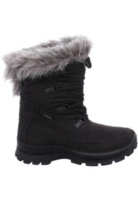 Bota de invierno de ante negro con ribete de piel sintética, que presenta una puntera redondeada, cordones elásticos y una suela de goma texturizada para mayor tracción.