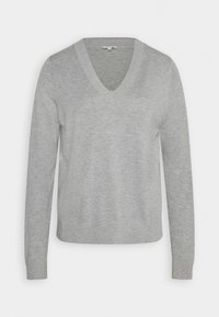 Grauer V-Ausschnitt-Pullover aus weichem Strickmaterial; verfügt über lange Ärmel und einen gerippten Saum für eine bequeme Passform.
