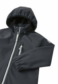 Giacca grigio scuro con cappuccio morbido e colletto foderato in pile, dotata di zip completa e polsini elasticizzati, realizzata in tessuto liscio e seta.