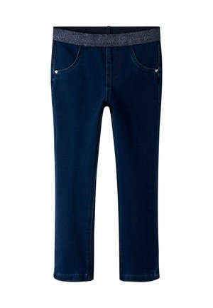 Jeans elasticizzati blu scuro con una cintura elastica scintillante e due tasche frontali. Presenta una texture liscia e un design a gamba dritta.