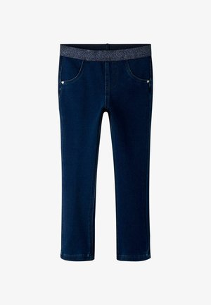Jeans stretch de culoare albastru închis, cu un tiv elastic strălucitor și două buzunare frontale. Prezintă o textură netedă și un design cu picioare drepte.
