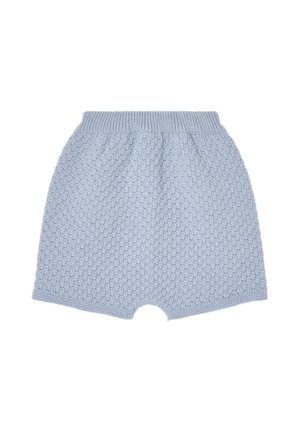 Shorts pour bébé tricotés bleu clair avec un motif texturé et une taille élastique, conçus pour le confort et la chaleur.
