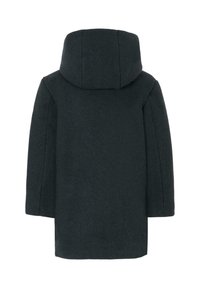 Cappotto di lana scuro con cappuccio, caratterizzato da una linea dritta, maniche lunghe e una superficie liscia. Design minimalista senza hardware o motivi visibili.