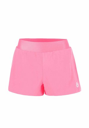 Pantalones cortos deportivos femeninos de color rosa brillante con cintura elástica ancha y pequeño logo blanco en la pierna izquierda sobre fondo blanco.