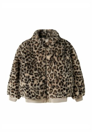 Veste en fausse fourrure imprimé léopard, fermeture éclair intégrale devant, manches longues et poignets et bas côtelés beige.