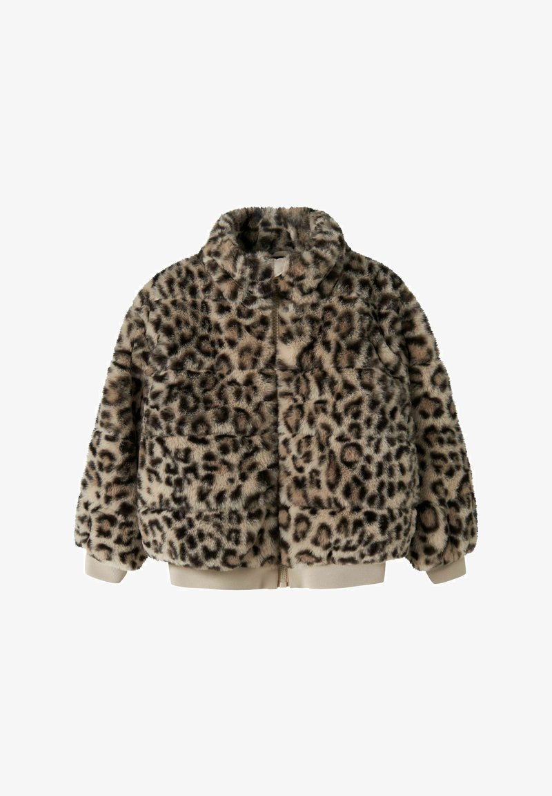 Veste en fausse fourrure imprimé léopard, fermeture éclair intégrale devant, manches longues et poignets et bas côtelés beige.