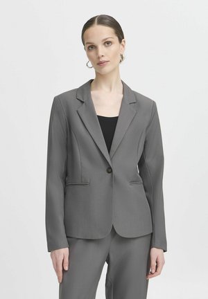 Šedý blazer s jedním knoflíkem, dvěma předními kapsami a přiléhavým střihem z hladké, texturované látky.