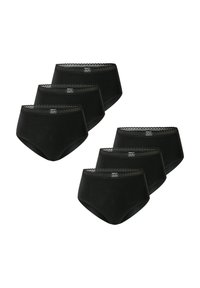 Culottes noirs en coton taille haute, avec une finition en dentelle à la taille. Six pièces présentées dans un arrangement empilé.