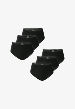 Black cotton high-waisted briefs, featuring a lace trim at the waist. Six pieces displayed in a stacked arrangement.