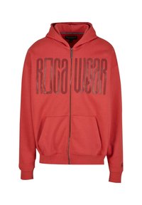 Red zip-up hoodie with a drawstring hood, front pockets, and large "ROCA WEAR" graphic in a darker shade on the front.