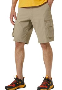 Khaki cargoshorts met twee zijzakken en een losse pasvorm. Gemaakt van lichtgewicht stof, hebben ze een rechte zoom en minimale stiksels.