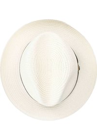 Sombrero de paja blanco con ala ancha y un diseño tejido texturizado. Corona curvada y sutil banda de acento negra en la base.