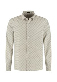 Heren overhemd met lange mouwen in lichtbeige met een geometrisch patroon. Voorzien van een button-down kraag en knopen aan de voorkant. Gemaakt van stof met een gladde textuur.