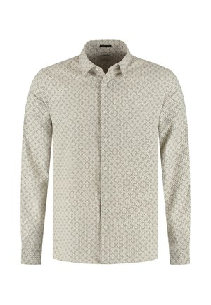 Meeste pikade varrukatega särk heledas beežis, millel on geomeetriline muster. Omab nööbitavat kraed ja ees nööpe. Valmistatud sileda tekstuuriga kangast.