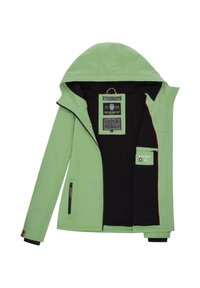 Žalia striukė su gobtuvu, juodas vidinės pamušalo, užtrauktukas kišenėje, raudoni akcentai ir matomi ženklai, skirti prekės ženklui ir priežiūros instrukcijoms.