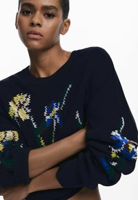 Woman with folded arms wearing a navy sweater with colorful embroidered floral patterns on sleeves and chest, posing against a white background.