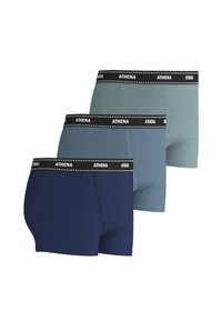 Trois paires de boxers pour hommes en bleu foncé, bleu clair et bleu sarcelle, avec une ceinture noire portant le texte "ATHENA" et des accents blancs.