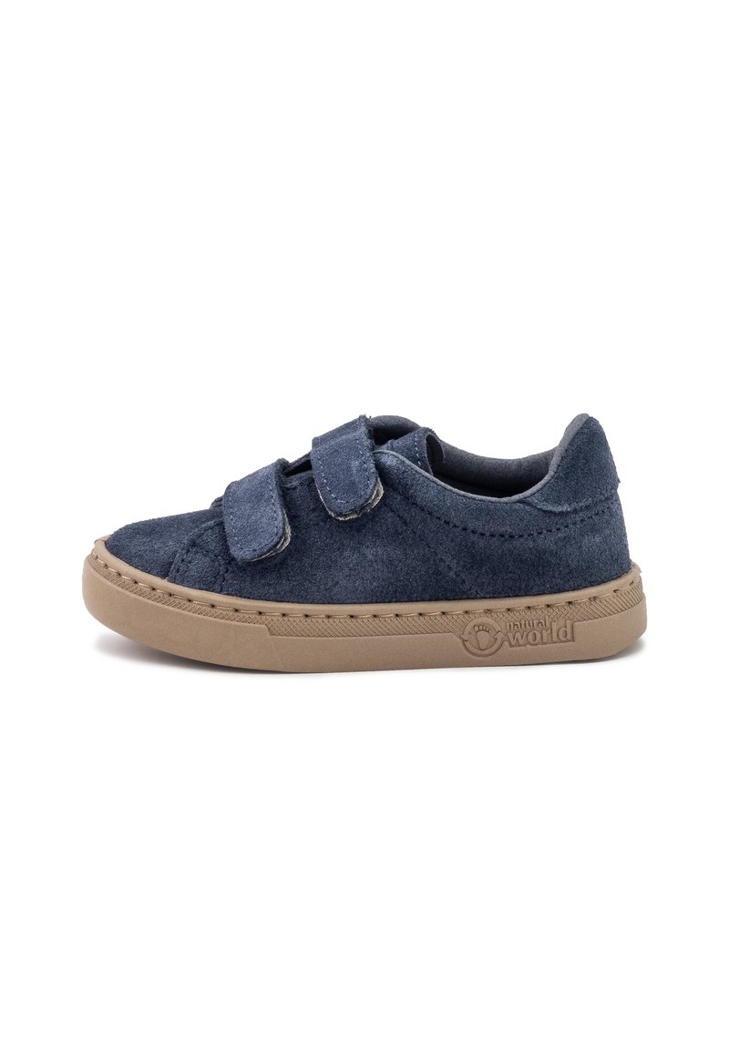 Navy blue suede shoe with two Velcro straps, a rounded toe, and tan rubber sole. Features stitching along the upper and branding on the side.
