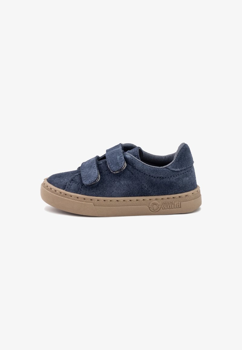 Navy blue suede shoe with two Velcro straps, a rounded toe, and tan rubber sole. Features stitching along the upper and branding on the side.