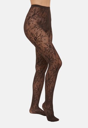 Bruine maillot met kantpatroon, met een fijn gedetailleerd bloemenontwerp en een soepele tailleband. Doorschijnende textuur met volledige dekking.